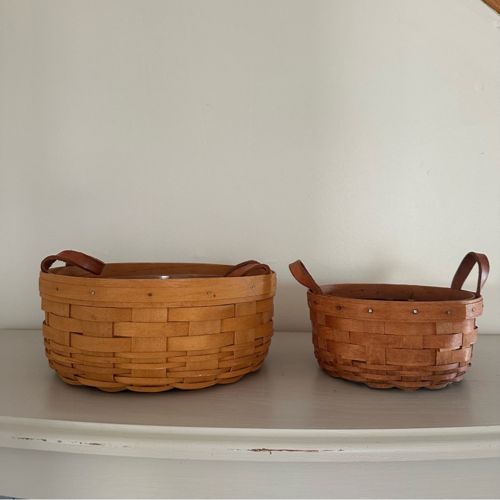 Longaberger 1993 & 2000 Darning Baskets With Leather Handles - Set of 2